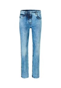 Hellblaue Jeans mit dezenten vertikalen Streifen, klassischem Fünf-Taschen-Stil und Knopfverschluss an der Taille.