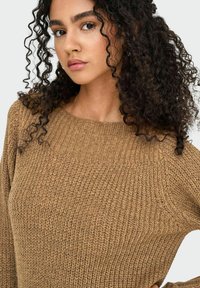 Pull en maille marron avec un motif texturé, un col en côtes et une coupe décontractée. Les manches longues complètent son design chaleureux.