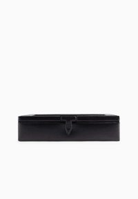 Rectangular black leather case with a textured surface, featuring a glossy T-shaped clasp and clean edges. Minimalist design, no patterns.