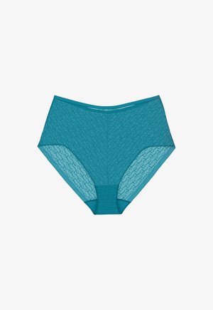 Ropa interior femenina de talle alto en color azul verdoso, con tela de encaje semitransparente que presenta un sutil patrón de remolinos y con cintura y entrepierna sólidas.