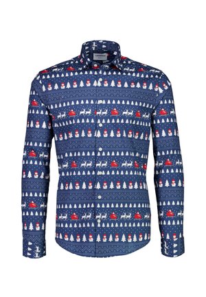 Mørkeblå knapskjorte med hvidt snefnug, røde slæder og træer i et gentaget mønster. Fremstillet af glat stof med en klassisk krave.