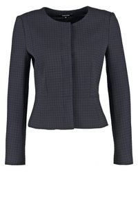 Blazer corto blu navy con un motivo texturizzato, scollatura rotonda e maniche lunghe; presenta un'apertura frontale senza chiusure.