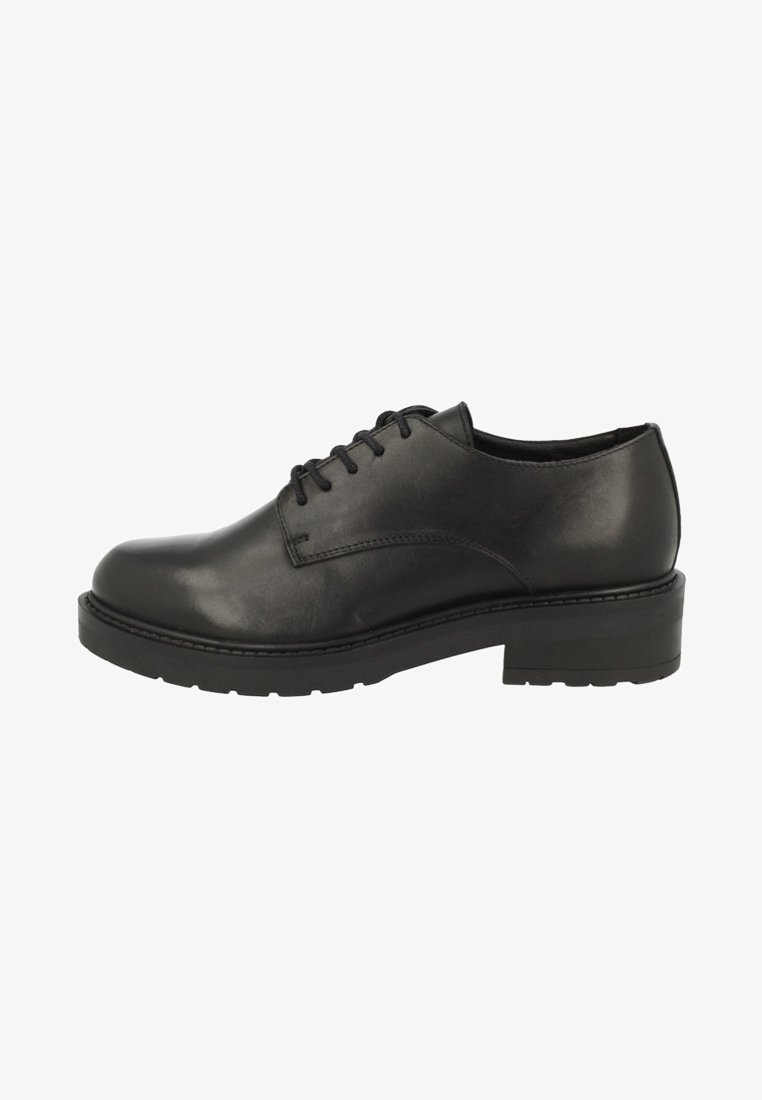 Chaussure Oxford noire en cuir à lacets avec semelle épaisse et talon bas, vue de côté sur fond blanc.