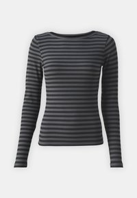 Langärmliges, schwarz-grau gestreiftes Shirt mit gerippter Textur und rundem Ausschnitt. Entworfen für eine enganliegende Passform.