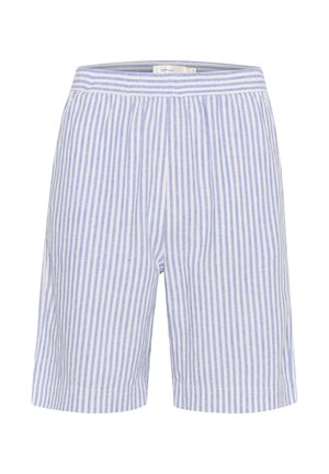 Bermuda a righe realizzate in tessuto leggero, caratterizzate da righe verticali blu e bianche alternate. Fascia elastica in vita per maggiore comfort.