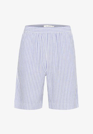 Juostuoti šortai, pagaminti iš lengvos medžiagos, pasižymintys pakaitomis mėlynomis ir baltomis vertikaliomis juostelėmis. Elastinga liemens juosta užtikrina patogumą.