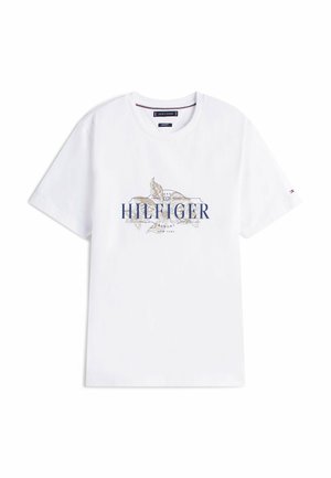 Weißes Baumwoll-T-Shirt mit einem blauen "HILFIGER"-Logo und einem dekorativen Goldblatt-Design. Kurze Ärmel und eine runde Ausschnittform.