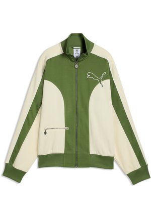 Grøn og cremefarvet Puma jakke med lynlås, lange ærmer, opretstående krave, lynlås foran, lynlåslomme og Puma-logo på brystet.