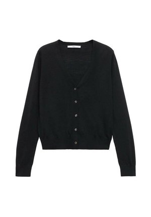 Cardigan nero con scollo a V, maniche lunghe e chiusura con bottoni. Realizzato in tessuto morbido con polsini e orlo a coste. Design classico.