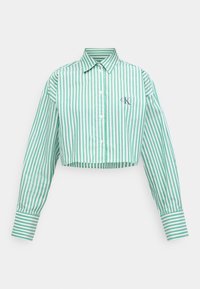 Κοντή πουκάμισο με κατακόρυφες πράσινες και λευκές ρίγες, μυτερό γιακά και μικρό κεντημένο λογότυπο στο στήθος.