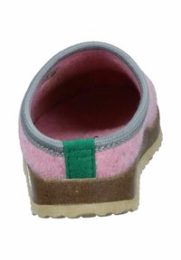 Pink felt slipper with a gray collar, green accent tab, and a beige rubber sole. Smooth texture with rounded heel and casual design.