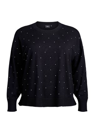 Black knitted sweater with long sleeves, round neckline, and scattered white dot patterns. Ribbed cuffs and hem. Casual fit.