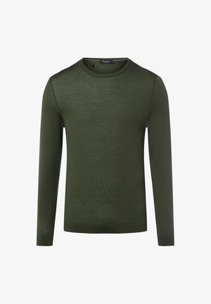 Olijfgroene trui met lange mouwen en een ronde hals, lichte textuur, en geribbelde manchetten en zoom. Modern, minimalistisch ontwerp.