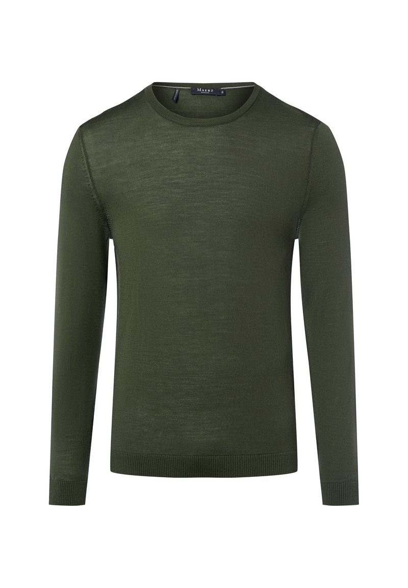 Olivgrön långärmad tröja med rund halsringning, lätt textur och ribbade ärmslut och nederkant. Modern, minimalistisk design.