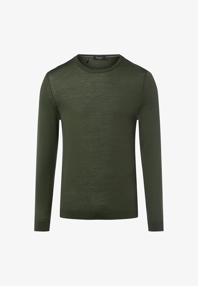 Olivgrön långärmad tröja med rund halsringning, lätt textur och ribbade ärmslut och nederkant. Modern, minimalistisk design.