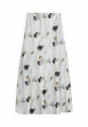 Svārki ar ziedu rakstu maigā audumā, kuros dominē balta, pelēka, zila un melna krāsa. A-līnijas dizains ar smalkām krokojumiem un gludu tekstūru.