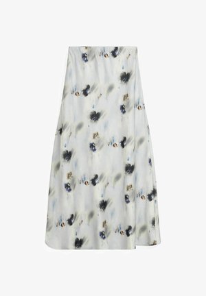 Svārki ar ziedu rakstu maigā audumā, kuros dominē balta, pelēka, zila un melna krāsa. A-līnijas dizains ar smalkām krokojumiem un gludu tekstūru.