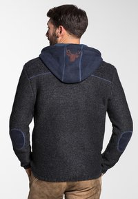 Donkergrijze gebreide hoodie met blauwe accenten, een gestructureerd oppervlak en elleboogpatches. Voorzien van een blauw gevoerde kap met een hert-embleem.