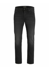 Jeans in denim nero con vestibilità dritta, chiusura con zip e design a cinque tasche. Presentano una leggera trama sbiadita e dettagli con bottoni metallici.