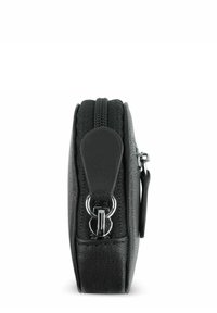 Black textured leather pouch with a zip closure, featuring silver hardware and a loop for attaching accessories. Compact and rectangular shape.