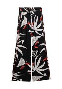 Pantalones de pierna ancha hechos de tela ligera, con un fondo negro y patrones de hojas tropicales en blanco y rojo. Cintura elástica.