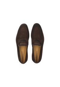 Brown suede loafers with a smooth texture, rectangular toe, decorative stitching, and a stitched leather band across the front.
