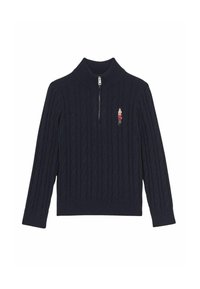 Tumed sinise värvi koonus-kootud kampsun kõrge kaeluse ja vetsikaga. Rinnaosal on väike tikandiga pähklimurdja kujutis.