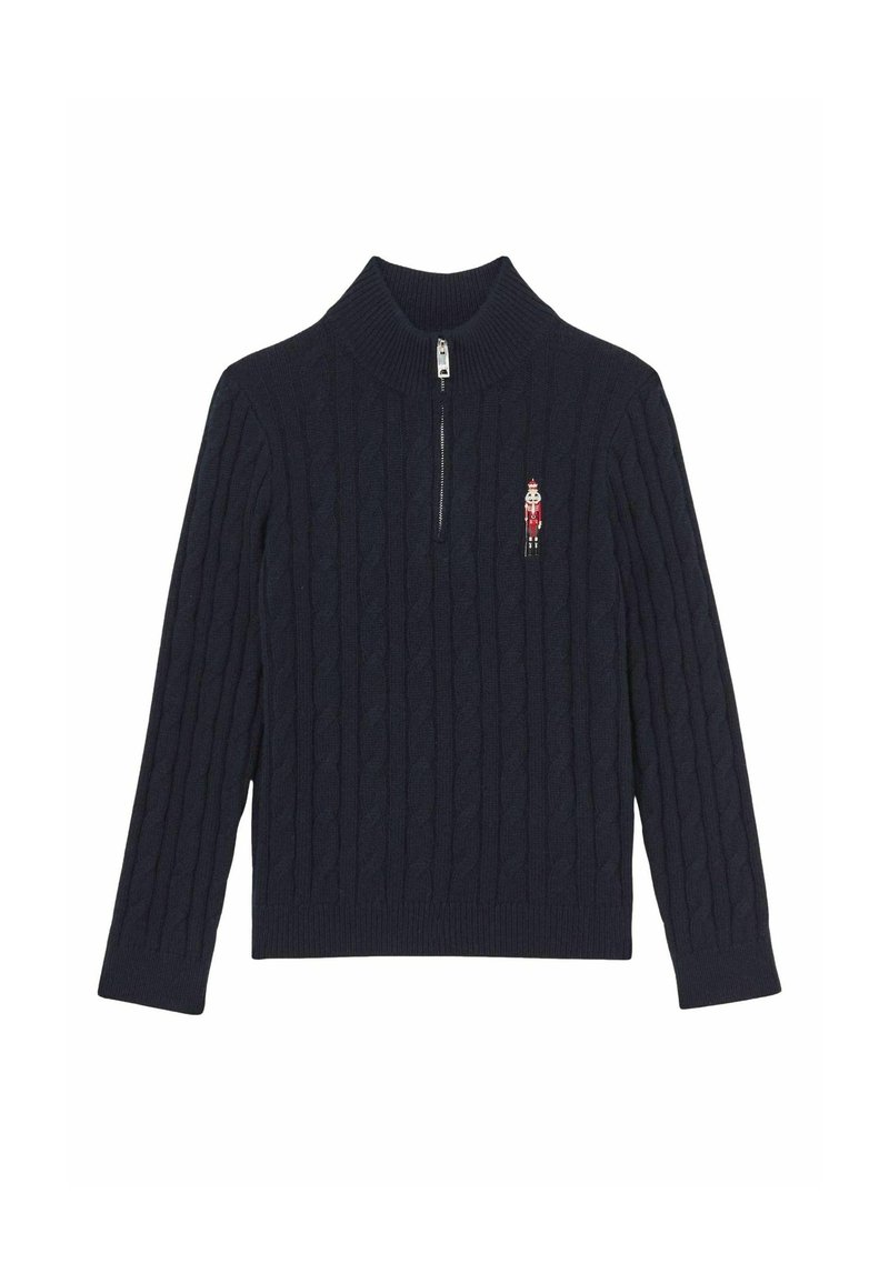 Tumed sinise värvi koonus-kootud kampsun kõrge kaeluse ja vetsikaga. Rinnaosal on väike tikandiga pähklimurdja kujutis.