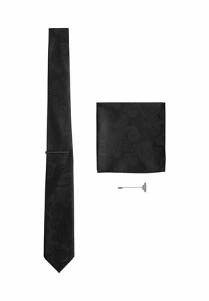 Black paisley patterned tie and matching pocket square with a silver butterfly-shaped lapel pin on a white background.