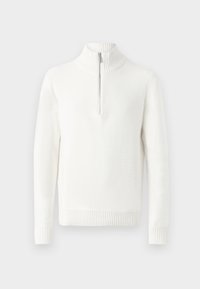 White zip-up sweater with a ribbed collar and cuffs, featuring a smooth texture and a fitted design, ideal for layering.