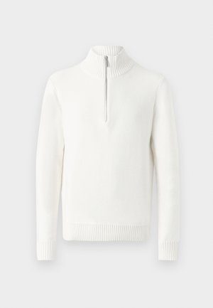 Balta zip-up džempera ar ribotām apkaklēm un aprocēm, ar gludu tekstūru un pieguļošu dizainu, lieliski piemērota slāņošanai.