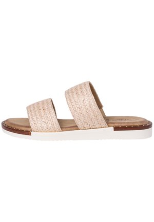 Beige Woven-Stroh-Sandalen mit zwei breiten Riemen und gepolsteter Innensohle. Ausgestattet mit einer weißen Gummisohle und einem braunen Akzent.