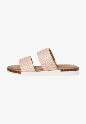 Woven straw slide sandals in beige with two wide straps and a cushioned insole. Features a white rubber sole with a brown accent.