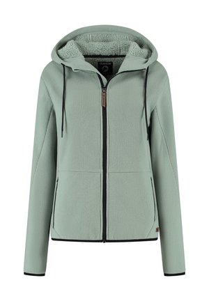 Lichtgroene zip-up hoodie van textuurstof, met fleece-voering in de capuchon, zwarte trekkoorden en zijzakken met rits, ontworpen voor casual draagstyl.