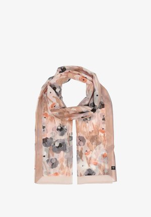 Leichte, durchsichtige Schal in Pastellfarben mit floralen Mustern, einschließlich Akzenten in Pink, Grau und Schwarz. Rechteckige Form mit weicher Textur.