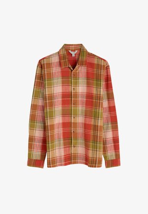 Karirasta srajca v rdečih, zelenih in bež odtenkih, ki ima ovratnik, dolge rokave in zapiranje z gumbi v rjavi barvi. Mehka tekstura tkanine.