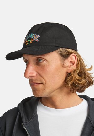 Black cap with colorful embroidered text, flat brim, and six-panel design. Made of fabric with a smooth texture.