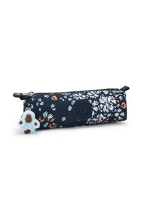 Astuccio navale in tessuto con un motivo floreale nei colori arancione, bianco e teal. Dotato di chiusura con zip e di un portachiavi a forma di gorilla peloso.