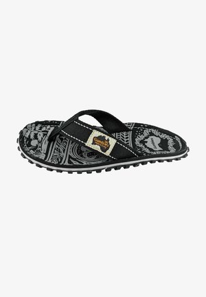 Zwarte teenslippers met een textuur op de voetbed, voorzien van een grijs tropisch patroon. Zwarte stoffen bandjes en een rubberen zool met kleine profielletjes.