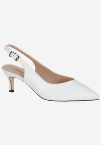White leather slingback shoe with a pointed toe, featuring a low heel and adjustable ankle strap. Smooth texture and minimalistic design.