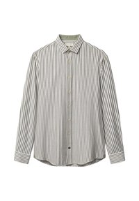 Camicia a maniche lunghe con righe verticali alternate grigio chiaro e grigio scuro. Presenta un colletto classico, chiusura frontale con bottoni e orlo arrotondato.