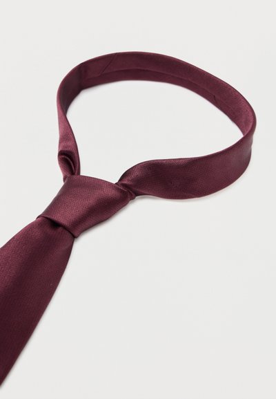 Cravatta intrecciata bordeaux con una texture liscia, caratterizzata da un design classico e una punta appuntita, adatta per occasioni formali.