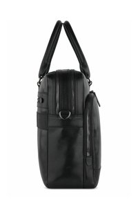 Black leather bag with two top handles, side zippers, and smooth texture. Features a metal ring accent and contrasting stitching.