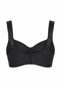 Black pinstriped bra with adjustable straps and front hook-and-eye closure, featuring scalloped edges along the top trim.