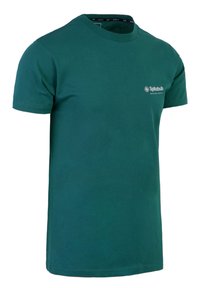 Grünes Baumwoll-T-Shirt mit Rundhalsausschnitt, kurzen Ärmeln und kleinem Logo auf der Brust. Glatte Textur und lässige Passform.