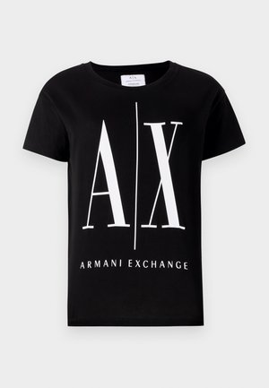 Juodas medvilninis marškinėlis su dideliu baltu logotipu "AX" ir žodžiu "ARMANI EXCHANGE". Klasikinis apvalus iškirpimas ir trumpomis rankovėmis.