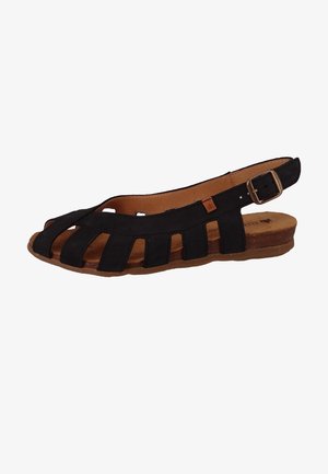 Black suede sandal with an open-toe design, featuring wide front straps, a back strap with a buckle, and a brown textured sole.