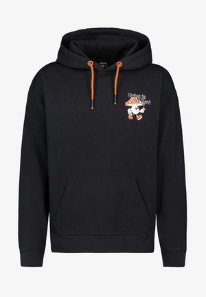 Black hoodie with orange drawstrings, front pocket, and graphic design featuring a character with a mushroom hat and text: "Living in my Head."