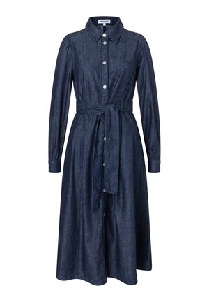 Denim dress in dark blue, collared with long sleeves and button closure. Includes a tied waist belt and two side pockets.