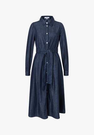 Robe en denim bleu foncé, avec col, manches longues et fermeture à boutons. Comprend une ceinture nouée à la taille et deux poches latérales.